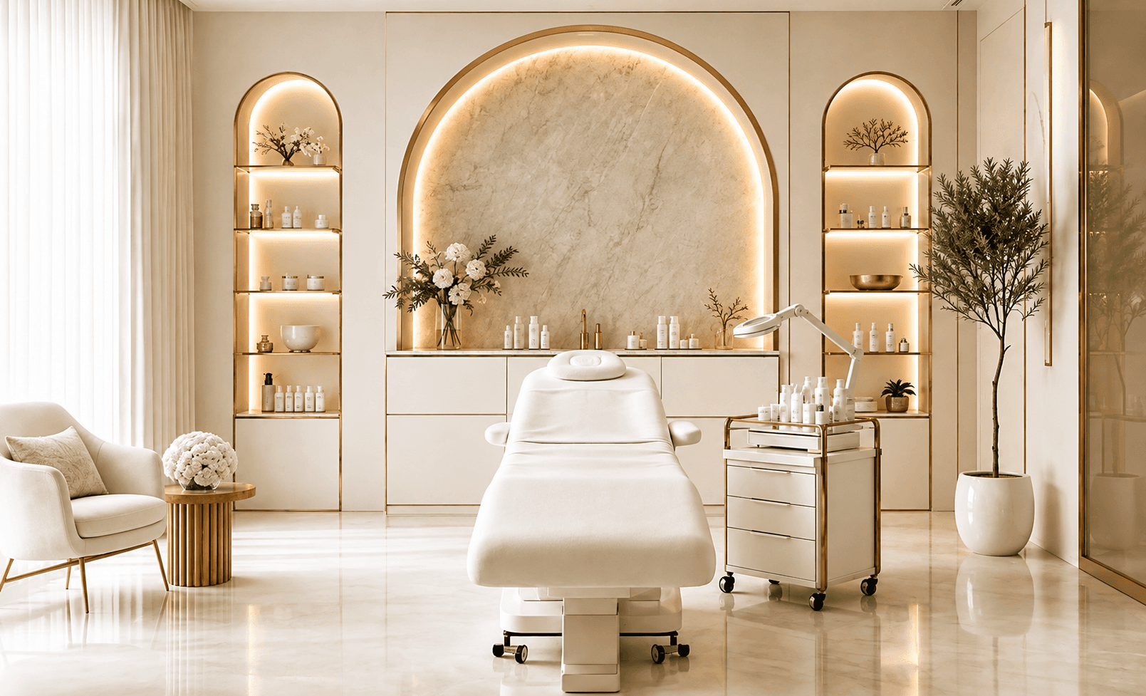Luxury treatment room with a central treatment bed, backlit marble arches and cream furnishings